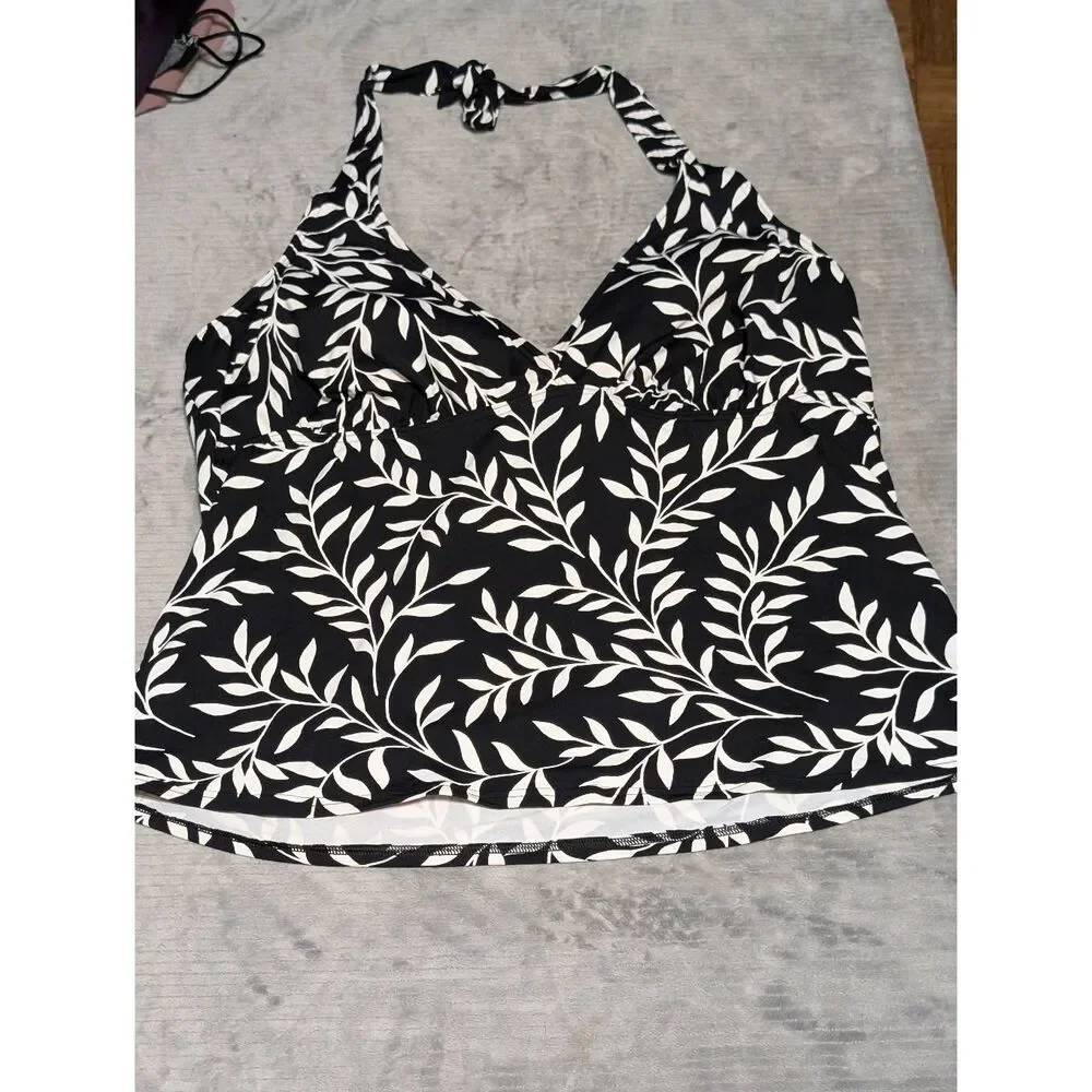 Lands End Size 18 Women's Floral Halter Tankini Top Black and White